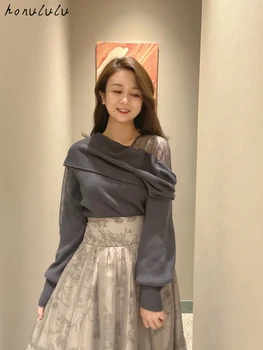 2021 őszi új termék, Japán elegáns hölgyek vállnélküli csipke varrás borda kötött pulóver női