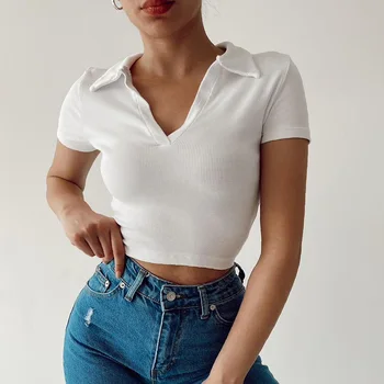 A nők Polo Crop Top Elterjedt Gallér V-nyakú Termés, T-shirt