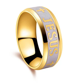 Magas Minőségű, Arany Színű Rozsdamentes Acél Jézus Kereszt Gyűrű Divat Ékszerek Levél Biblia Koktél Bohém Punk Gyűrű, Férfi