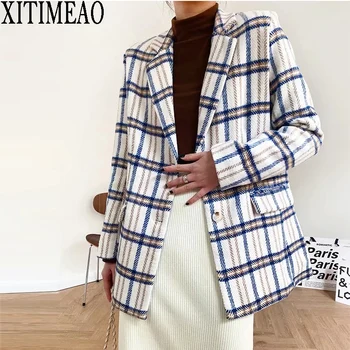 Xitimeao XITIMEAO Új Női Alkalmi Gyapjú Kabát, Blézer Office Lady Kockás Vékony Öltöny Kabát egysoros Megvastagodása Női Blézer