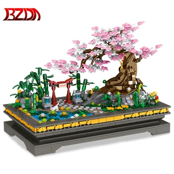 BZDA Mini Sakura Fa Bonsai Tégla Street View, Cseresznye Virág, Növények Modell építőkövei Játék, lakberendezés, Karácsonyi Ajándékok, Játékok