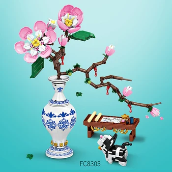 609pcs Virág építőkövei Peach Blossom Növény Kék-Fehér Porcelán Bonsai DIY Modell lakberendezési Gyermekek Játék Ajándék
