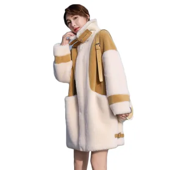 Műszőrme kabát női sárga fehér plus size laza 2020-as őszi téli divat hosszú ujjú zsebében vastag meleg szőrme kabát LR861