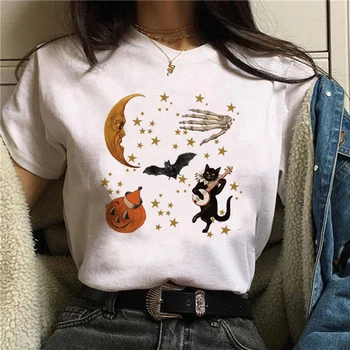 Őszi Őszi Macska Hold Tök 2021 Boldog Halloween Nyomtatás Hálaadás Nők Rajzfilm Női 90-es Pólót Maximum Tshirt Grafikus Póló
