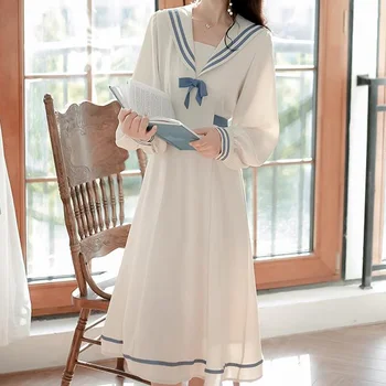 QWEEK Főiskola Tengerész Gallér Fehér ruhás Nő, Japán Harajuku Kawaii Hosszú Ujjú Midi Ruha Iskolai Egyenruha Tavaszi Őszi 2021