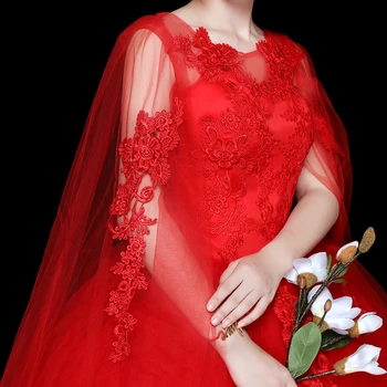 LAMYA Vörös Hosszú Kendő Esküvői Ruha O Nyak Ball Ruha Olcsó Tüll Csipke Rátét Flitteres Ki Váll Vestidos De Amiatt Novia