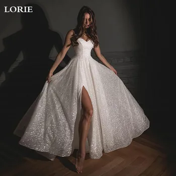 LORIE Oldalán Osztott Szívem Esküvői Ruhák Csillogó Tüll Szexi Spagetti Hevederek Bohém Menyasszony ruhák Vestidos de novia 2021