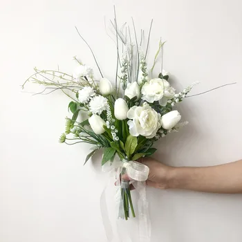 Fehér Esküvői Csokor, Kézzel Készített Mesterséges Virág Tulipán Fű Buque Casamento Menyasszonyi Csokor Esküvői Mariage Tartozékok 0